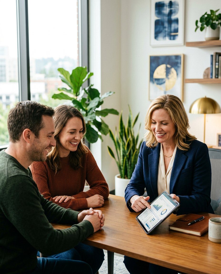 Advisor reviewing a financial plan on a tablet with a couple