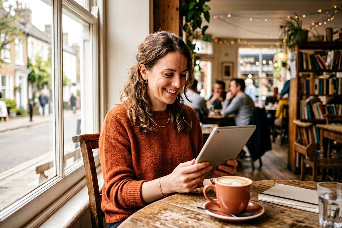 Woman smiling as she reads on a tablet in a sunlit cafe